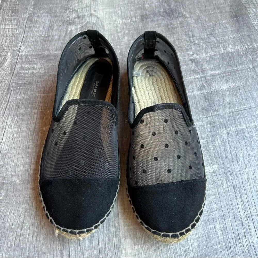 Zara Basic Womens Espadrilles Slip On Size 37 Black Solid Toe Netting Sides Comf
